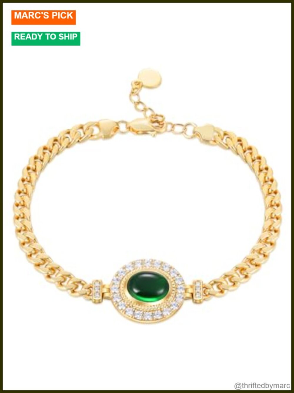 Simulated Emerald Cubic Zirconia Cuban Link Chain Bracelet, Rhodium/Yellow Gold